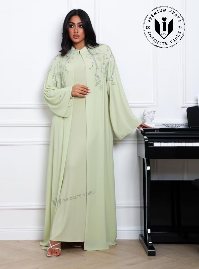 Premium Pistachio Green Chiffon Abaya with Crystal Vine Embroidery and Sheila | Elegant UAE National Day & Ramadan 2026 Eid Collection