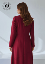 Wine colored abaya full length view with A-line silhouette - luxury Marina fabric imported from Korea - designer modest fashion worldwide shipping