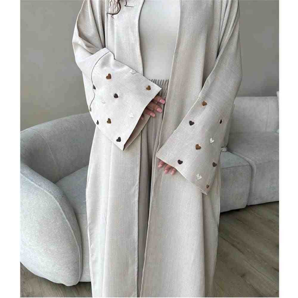 Beige open abaya with heart embroidery on sleeves, modest fashion maxi dress, Dubai style
