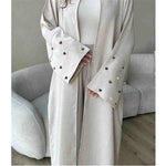 Beige open abaya with heart embroidery on sleeves, modest fashion maxi dress, Dubai style