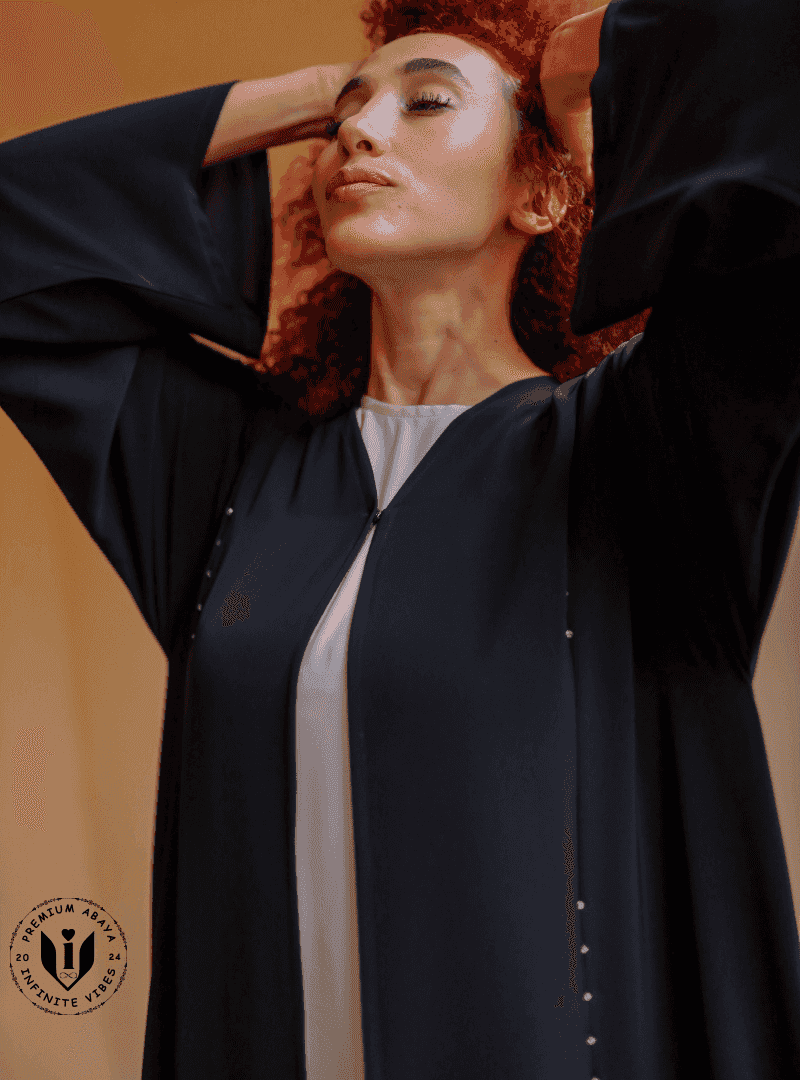 Enchanting Adornment: Black Abaya with Handcrafted Stone and Pearl Embellishments with Sheila - INFINITE VIBES