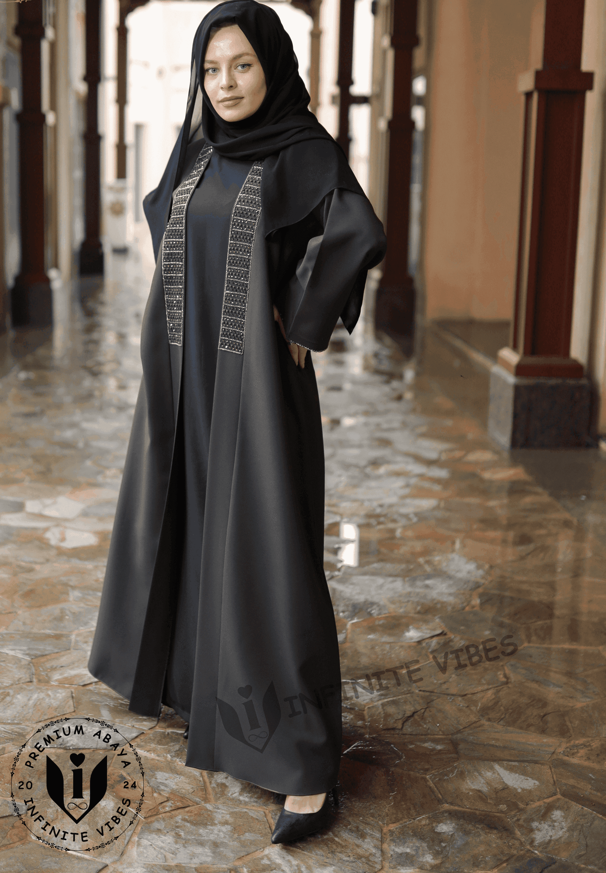 Elegant Light Green Abaya with Exquisite Handwork Detailing and Collar Border Finish with Sheila - INFINITE VIBES
