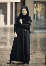 Stylish Black Abaya with Faux Pocket and Contrasting Color Detail: A Captivating Design with a sheila - INFINITE VIBES
