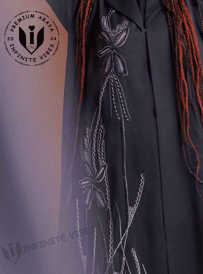 Black designer abaya with intricate hand-stitched floral embroidery detail