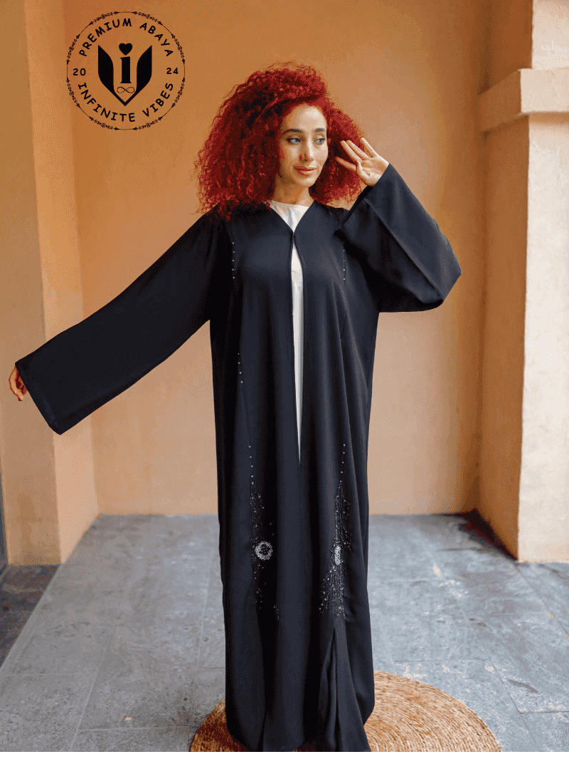 Enchanting Adornment: Black Abaya with Handcrafted Stone and Pearl Embellishments with Sheila - INFINITE VIBES