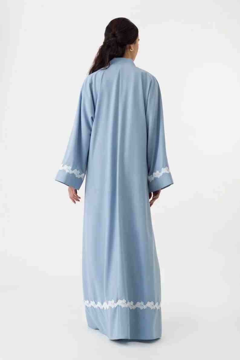 Elegant Light Blue Abaya Dress by Infinite Vibes | Dubai's Luxury Crepe Abaya with Floral Trim - INFINITE VIBES