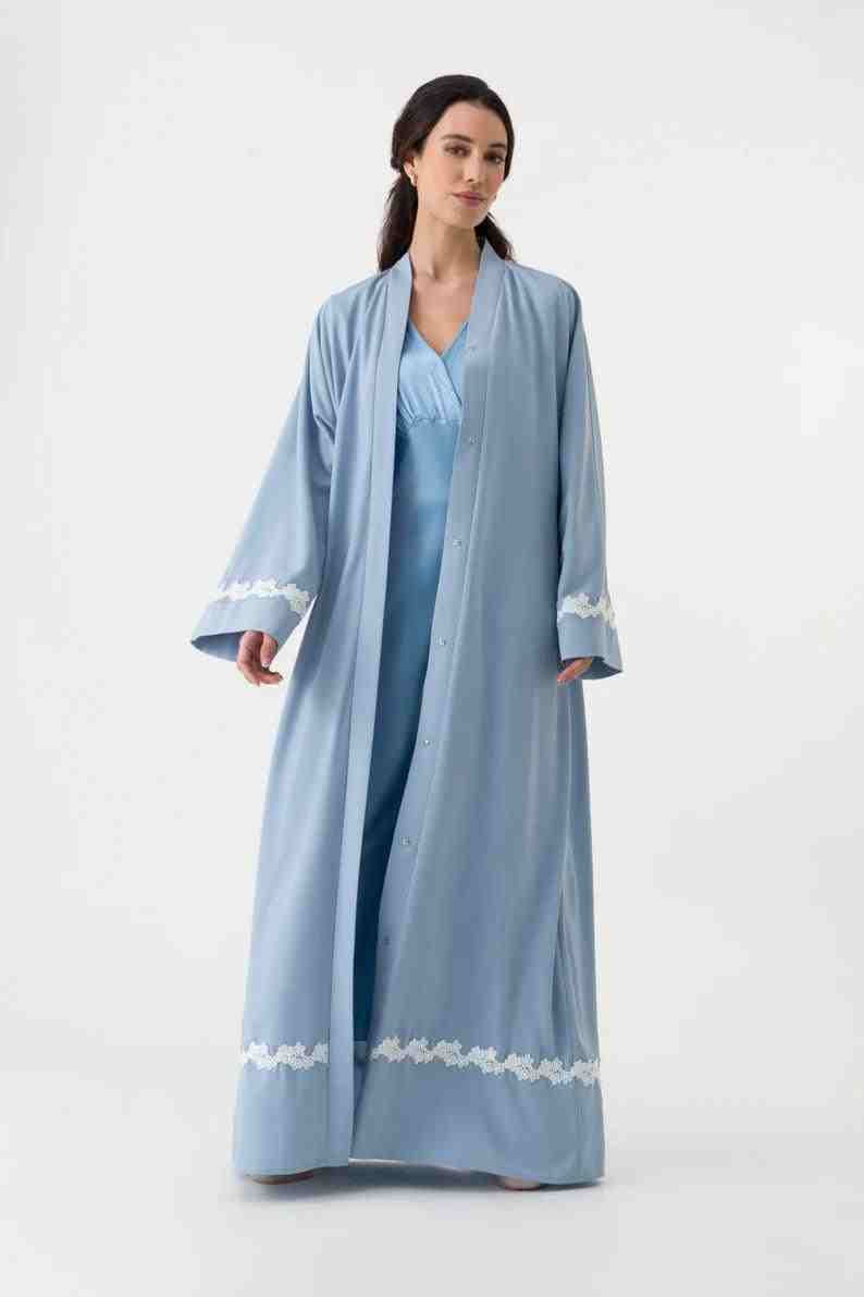 Elegant Light Blue Abaya Dress by Infinite Vibes | Dubai's Luxury Crepe Abaya with Floral Trim - INFINITE VIBES