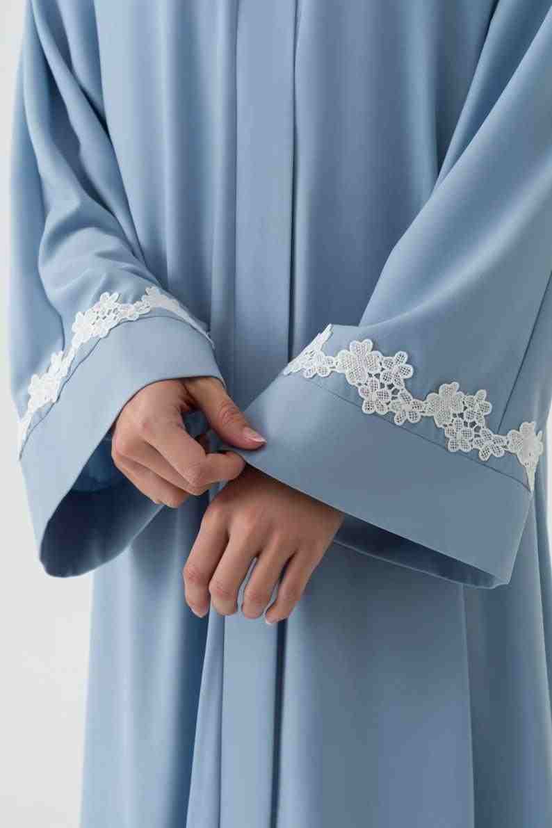 Elegant Light Blue Abaya Dress by Infinite Vibes | Dubai's Luxury Crepe Abaya with Floral Trim - INFINITE VIBES