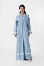Elegant Light Blue Abaya Dress by Infinite Vibes | Dubai's Luxury Crepe Abaya with Floral Trim - INFINITE VIBES