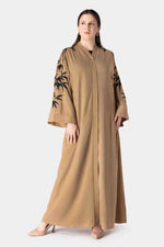 Modern beige abaya with black detailing, open-front style, Infinite Vibes