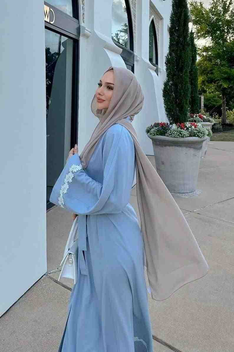 Elegant Light Blue Abaya Dress by Infinite Vibes | Dubai's Luxury Crepe Abaya with Floral Trim - INFINITE VIBES