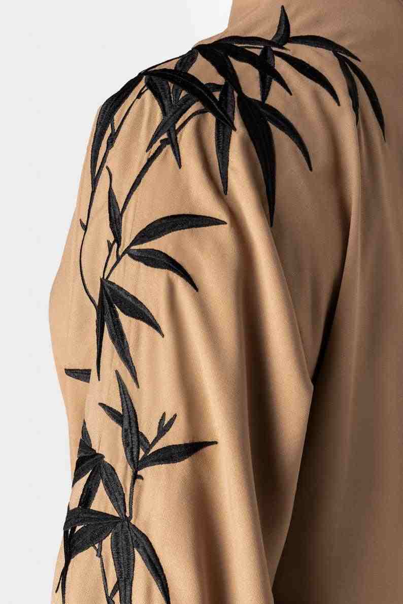 Luxury abaya with bamboo embroidery on sleeves, beige color, Infinite Vibes
