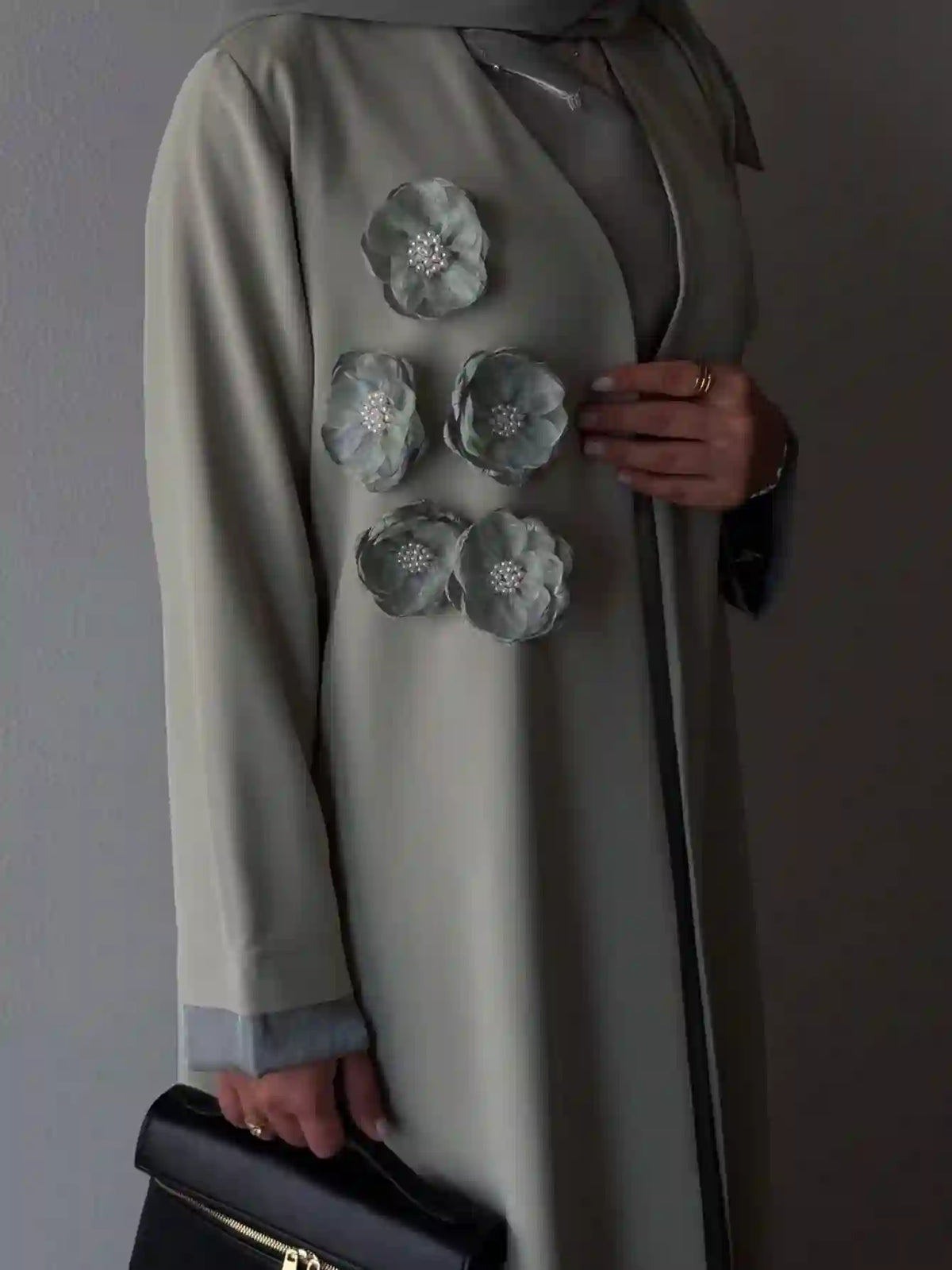Premium embroidered abaya with floral appliqué, modest fashion for women in UAE