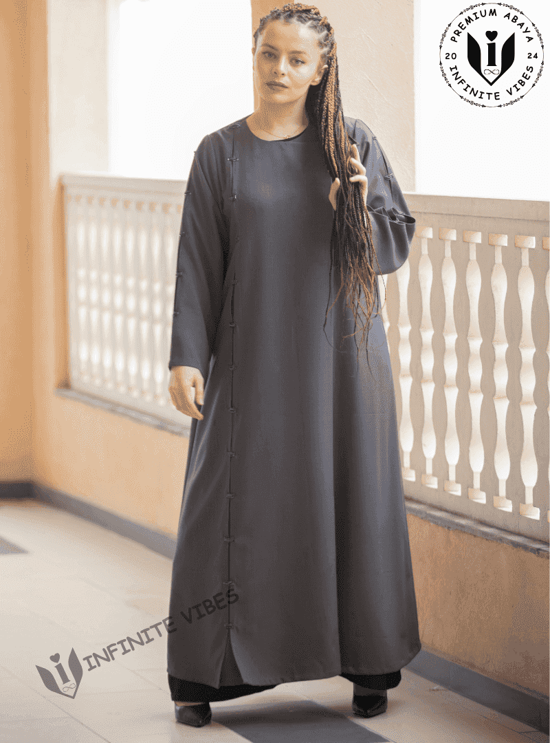 Modern Minimalism: Overlapped Grey Abaya in Japanese Cotton with Sheila - INFINITE VIBES