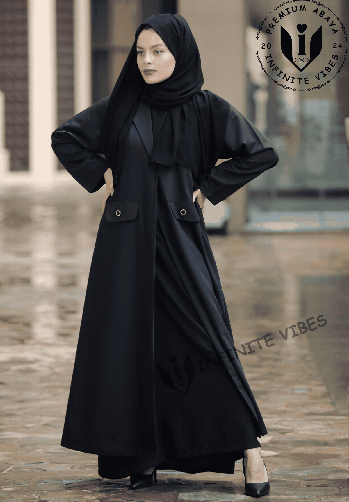 Stylish Black Abaya with Faux Pocket and Contrasting Color Detail: A Captivating Design with a sheila - INFINITE VIBES