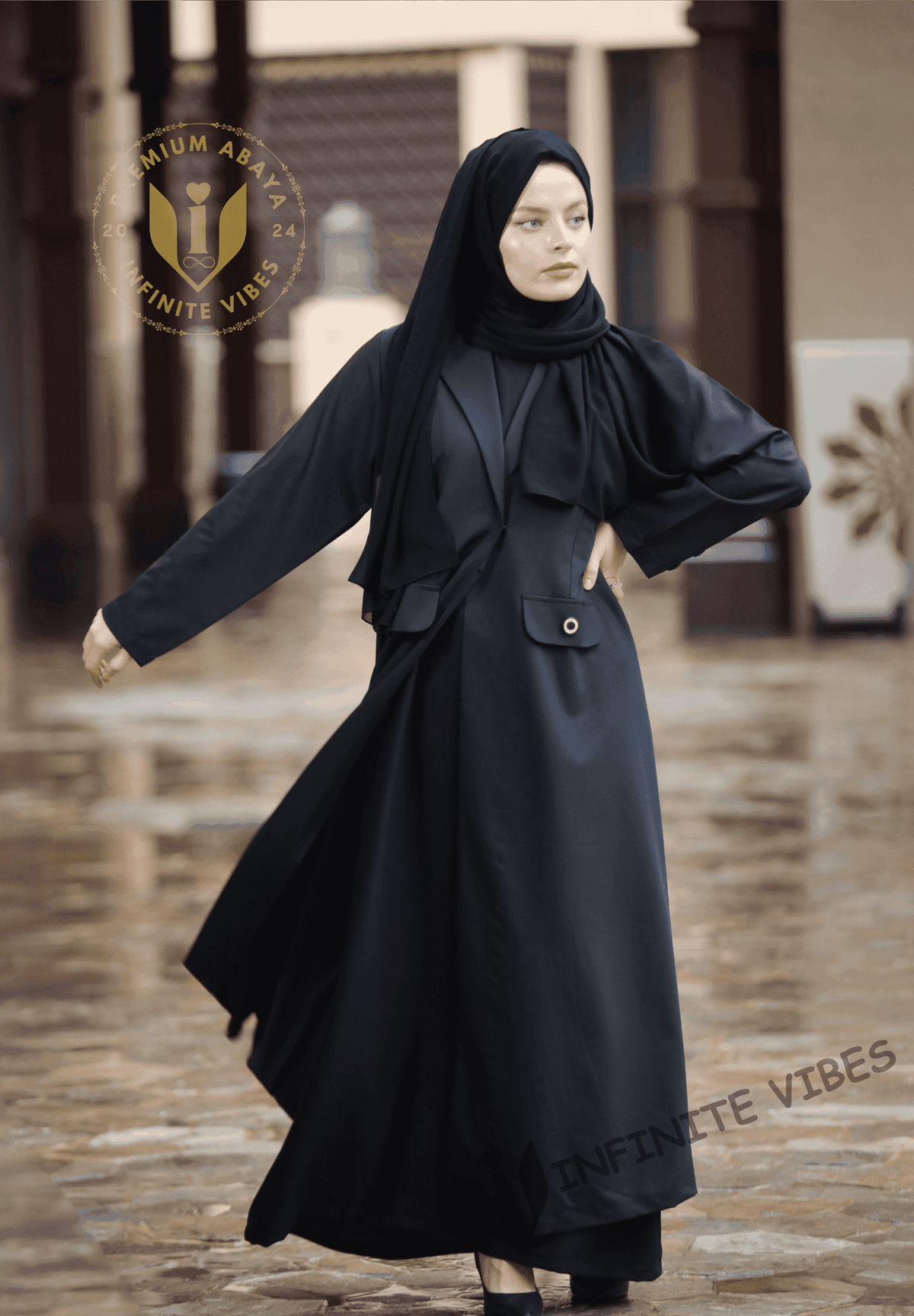 Stylish Black Abaya with Faux Pocket and Contrasting Color Detail: A Captivating Design with a sheila - INFINITE VIBES