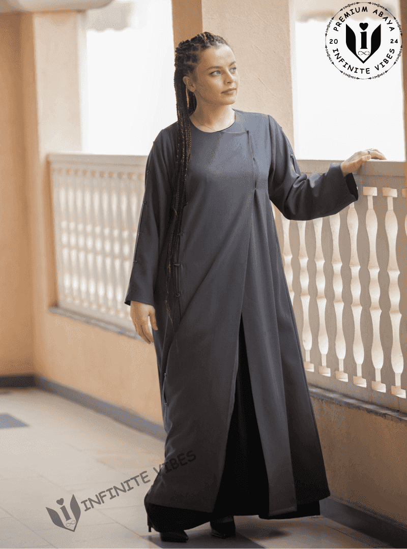 Modern Minimalism: Overlapped Grey Abaya in Japanese Cotton with Sheila - INFINITE VIBES