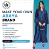 Woman in blue designer abaya holding clutch, abaya business startup services, UAE focus