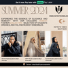 Summer 2024 sale ad with women modeling black and grey abayas and hijabs, modest fashion UAE.