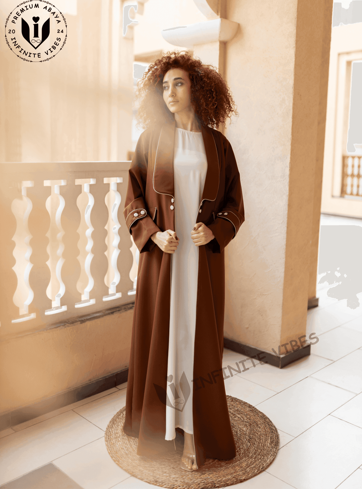 Elegant Fusion: Dual Tone Russet Brown Abaya with Front Buttons and Hand Embellishments with Sheila - INFINITE VIBES 
