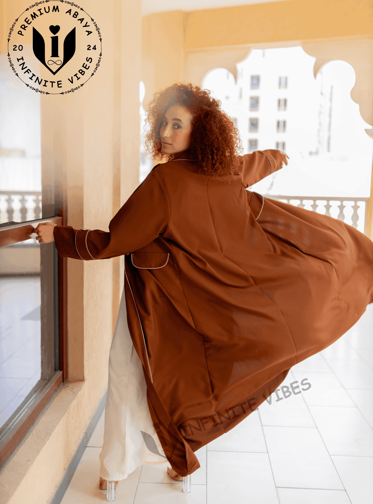 Elegant Fusion: Dual Tone Russet Brown Abaya with Front Buttons and Hand Embellishments with Sheila - INFINITE VIBES 