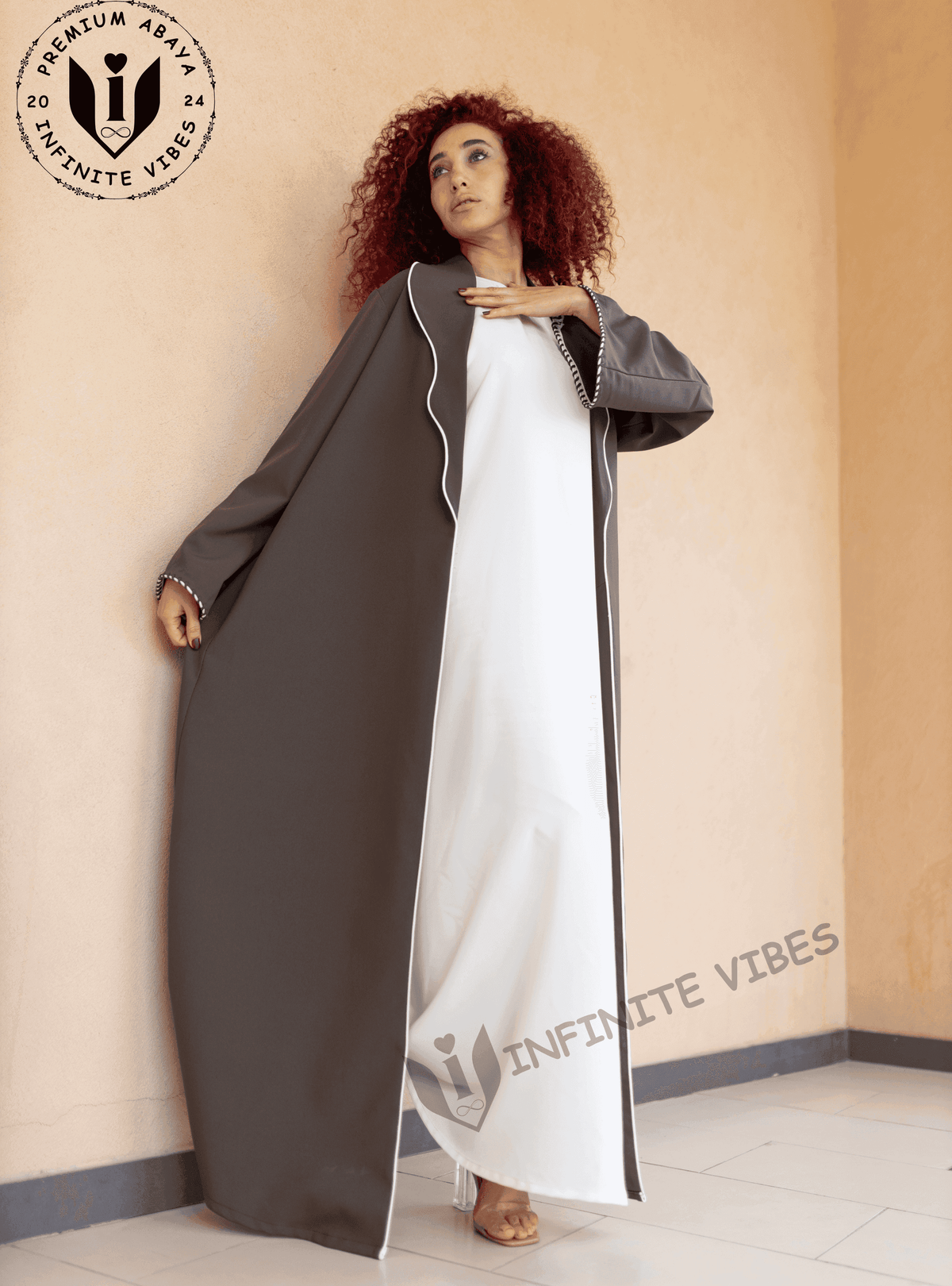 Elegance in Motion Dual Tone Dolphin Grey Abaya with White Striped Collar and Cuffs with Sheila - INFINITE VIBES 