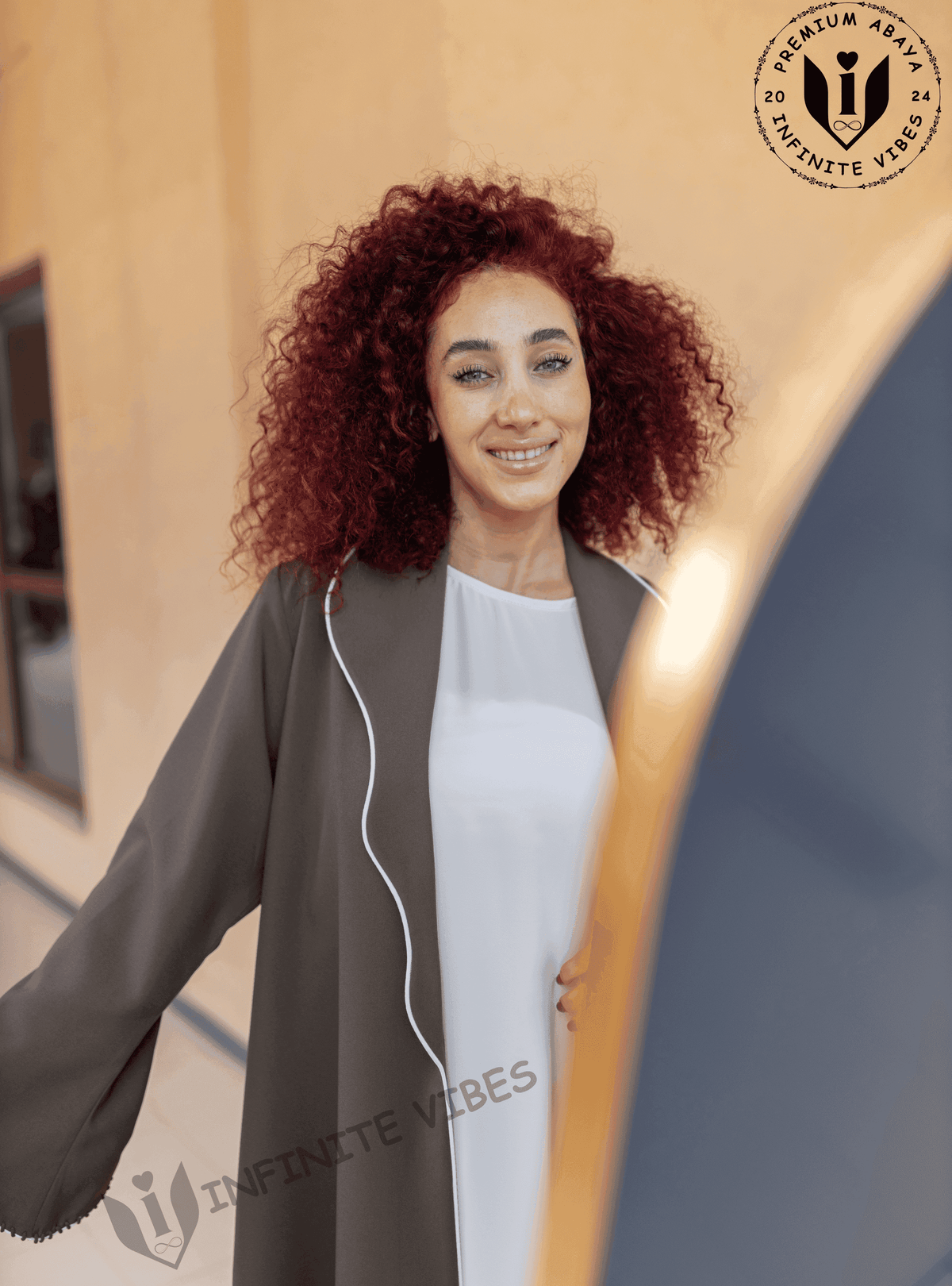 Elegance in Motion Dual Tone Dolphin Grey Abaya with White Striped Collar and Cuffs with Sheila - INFINITE VIBES 