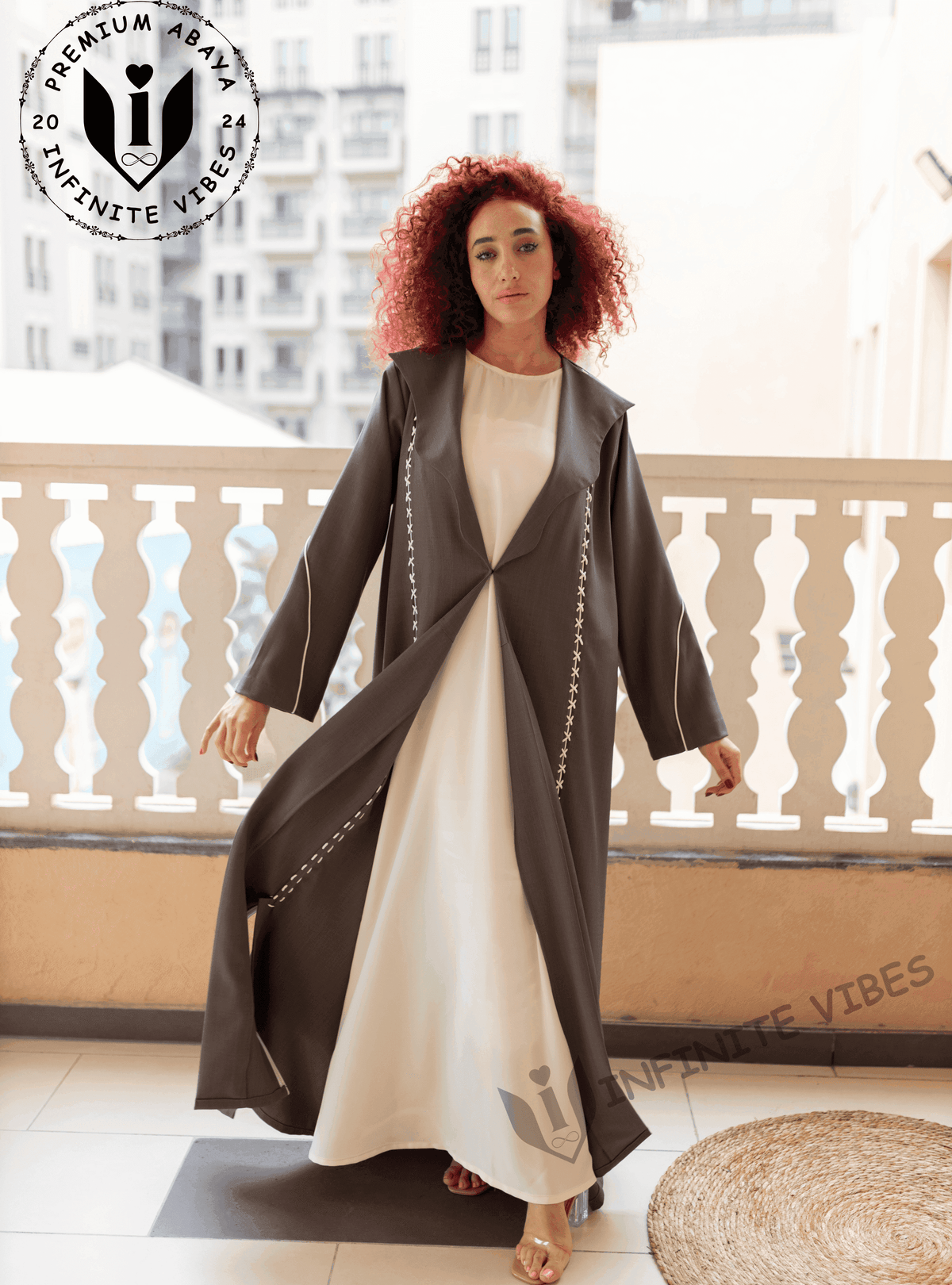 Elegance in Contrast: Dual Tone Grey Shade Abaya with Cross Stitch White Laces Handwork with Sheila - INFINITE VIBES 