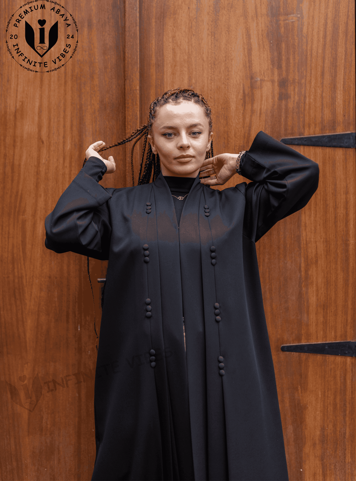Celebrate Ramadan in Style: Black Abaya with Button Accents & Sheila - INFINITE VIBES 