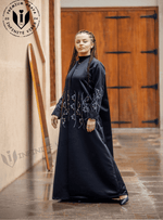 Luxurious Black Abaya with Pearl & Resham Detailing (Sheila Included) by Infinite Vibes - INFINITE VIBES 