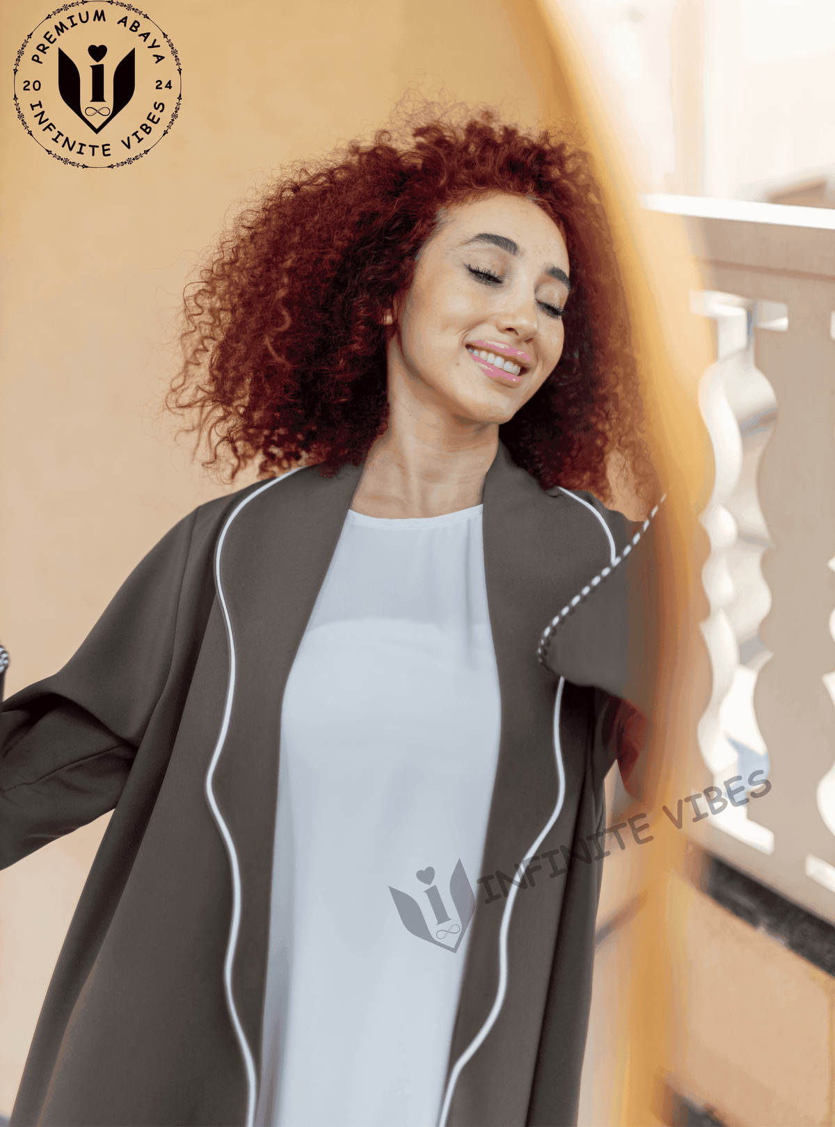 Elegance in Motion Dual Tone Dolphin Grey Abaya with White Striped Collar and Cuffs with Sheila - INFINITE VIBES 