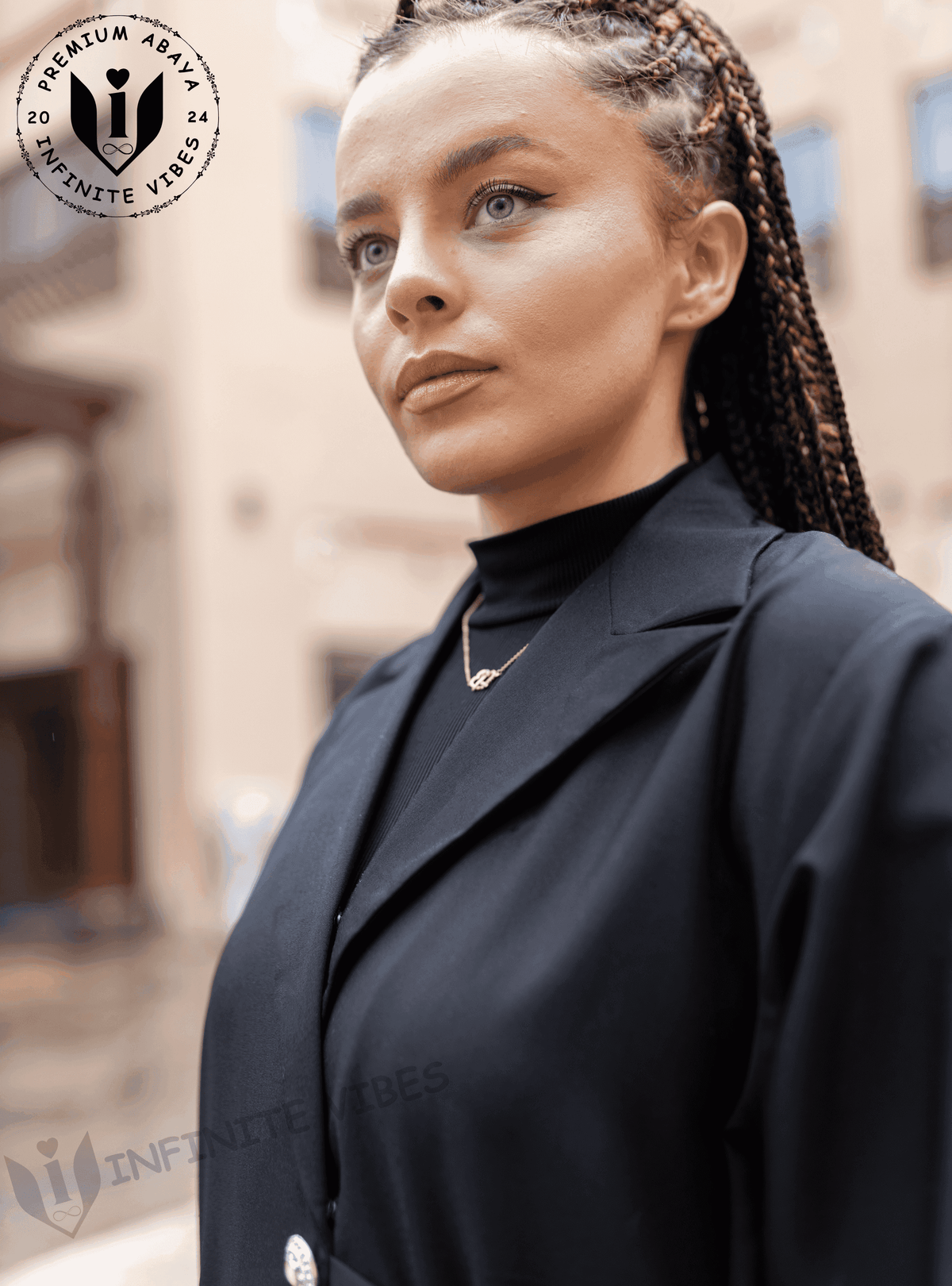 Elegant Enigma: Black Abaya with Collar and Sheila - INFINITE VIBES 