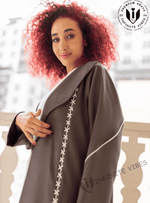 Elegance in Contrast: Dual Tone Grey Shade Abaya with Cross Stitch White Laces Handwork with Sheila - INFINITE VIBES 