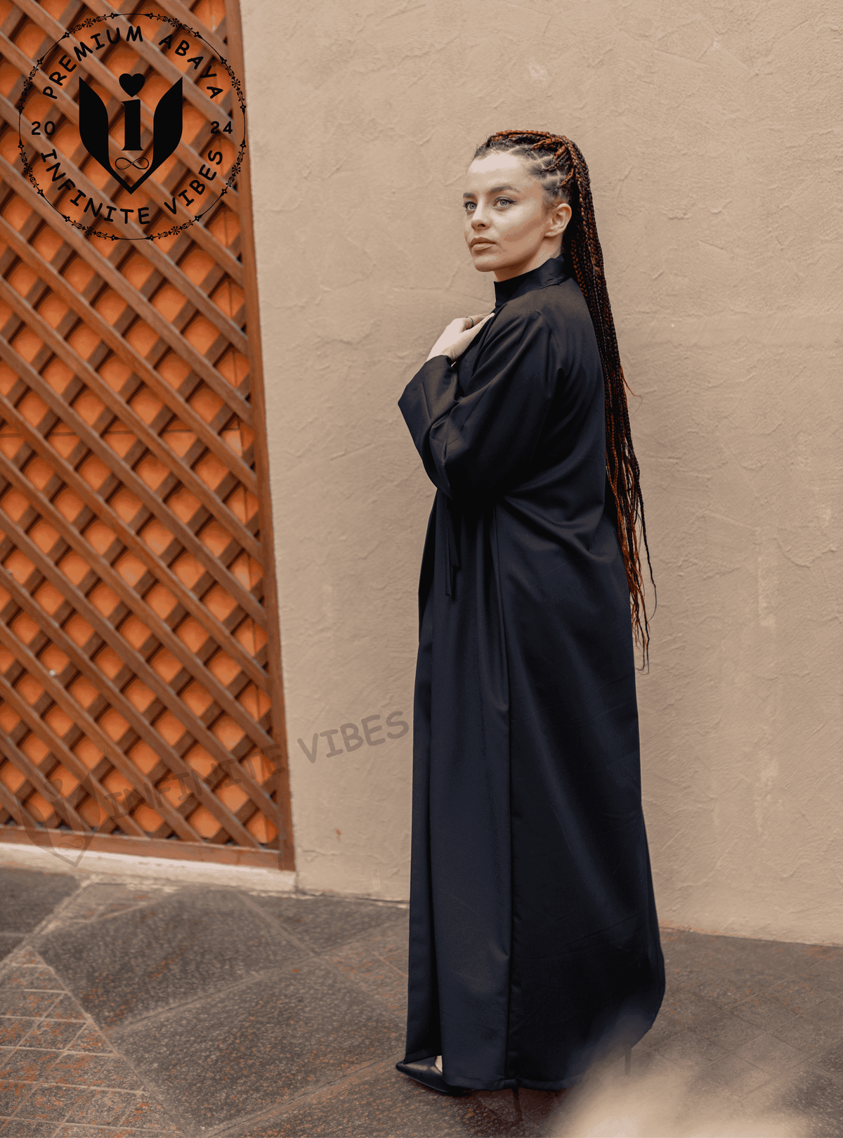 Elegant Enigma: Black Abaya with Collar and Sheila - INFINITE VIBES 