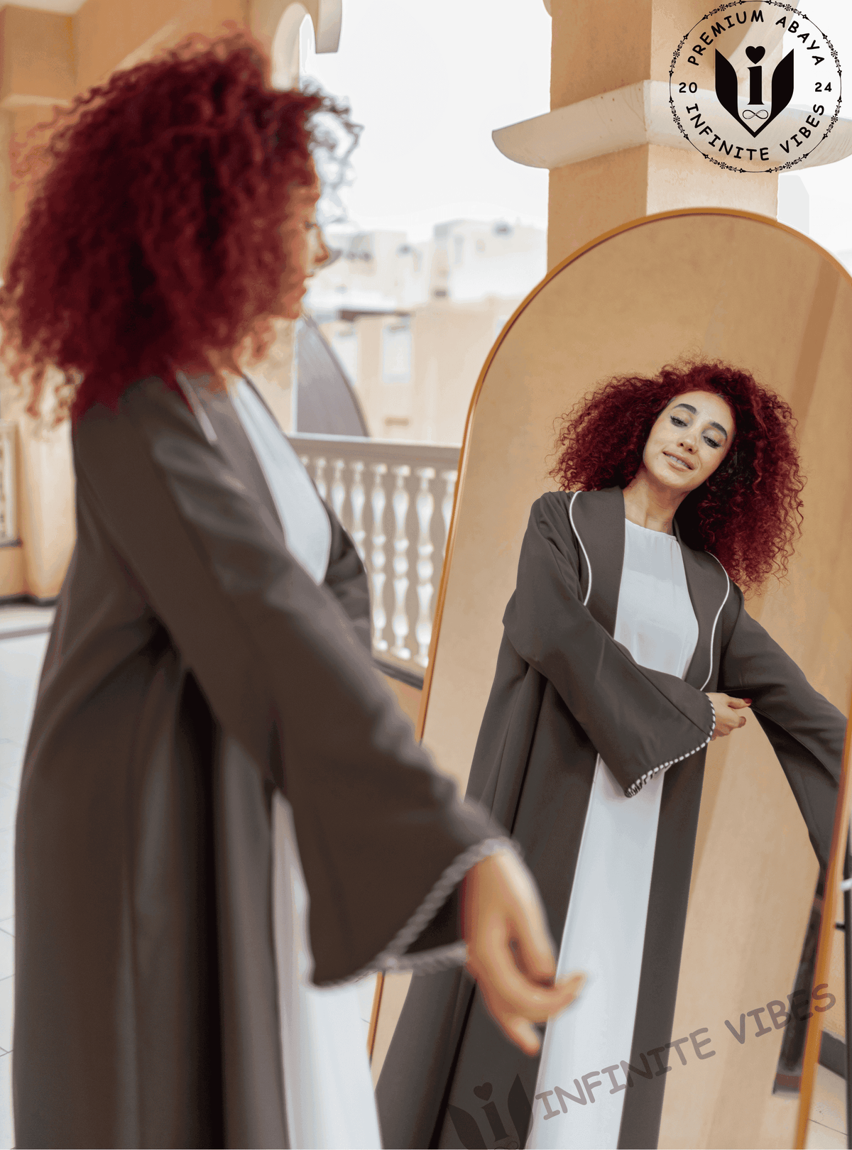 Elegance in Motion Dual Tone Dolphin Grey Abaya with White Striped Collar and Cuffs with Sheila - INFINITE VIBES 