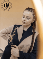 Modern Oasis: The Black Abaya with Collar Style & Dual-Tone Sand Elegance with Pearl Accents with Sheila - INFINITE VIBES 