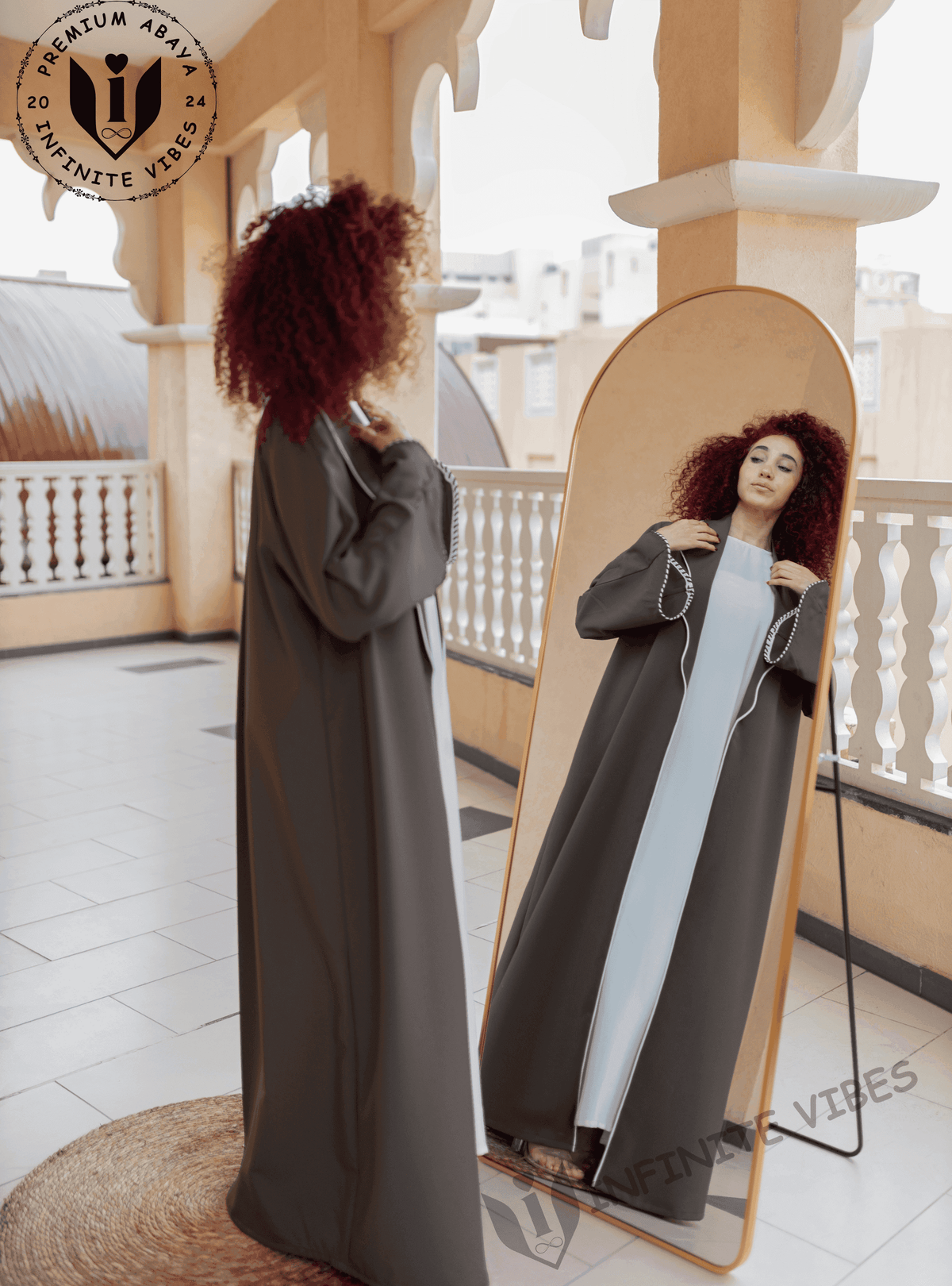 Elegance in Motion Dual Tone Dolphin Grey Abaya with White Striped Collar and Cuffs with Sheila - INFINITE VIBES 