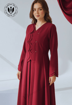 Burgundy ruffled abaya with Korean Marina fabric - elegant modest dress front view - Infinite Vibes Dubai designer abaya for women