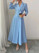 Elegant light blue long abaya dress with blazer-style design and pearl buttons