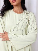 Designer Pistachio Green Abaya Set with Sheila | Korean Imported Nida Fabric, Detailed Handwork & Crystal Embroidery for Ramadan & UAE National Day
