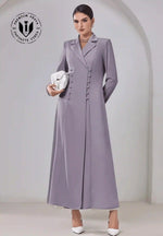 Lavender grey premium abaya with buttons, modest fashion, long sleeves, full length.