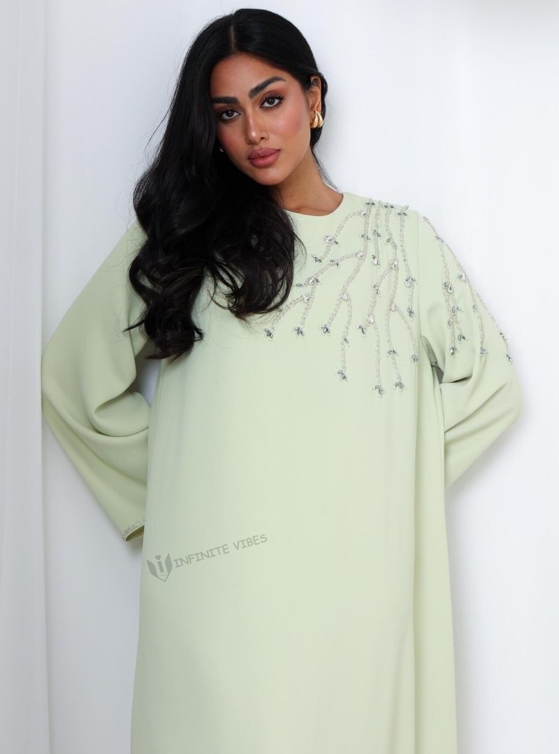 Premium Light Green Abaya in Korean Imported Nida Fabric with Sheila | Handwork Crystal Embroidery for UAE National Day, Ramadan & Eid Collection