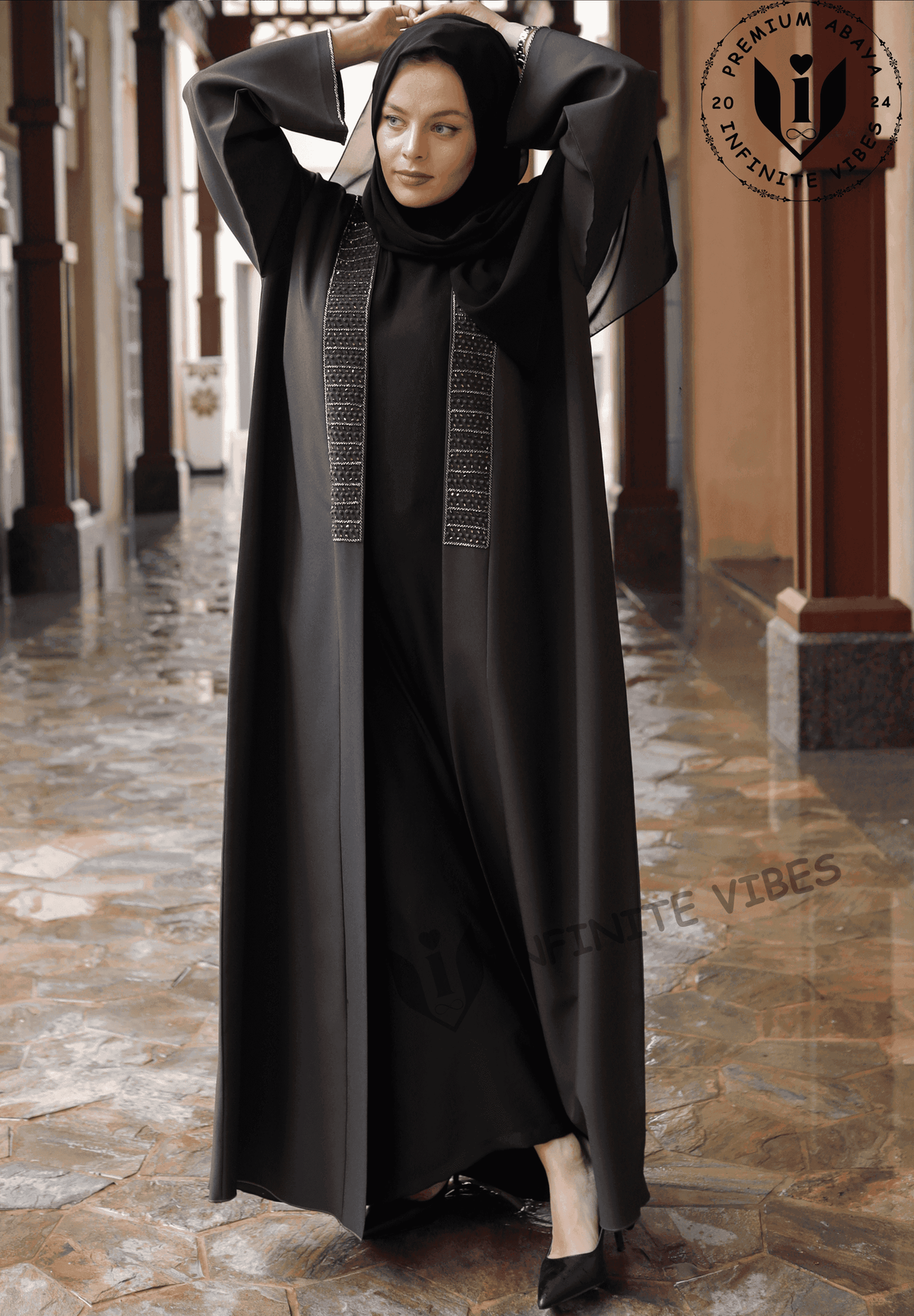 Elegant Light Green Abaya with Exquisite Handwork Detailing and Collar Border Finish with Sheila - INFINITE VIBES 