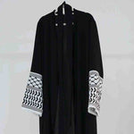 Black open abaya kimono with white embroidered sleeves and geometric patterns
