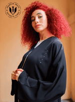 Enchanting Adornment: Black Abaya with Handcrafted Stone and Pearl Embellishments with Sheila - INFINITE VIBES 