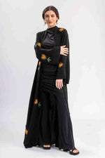 Black Beauty Abaya with gold floral embroidery on Nida fabric
