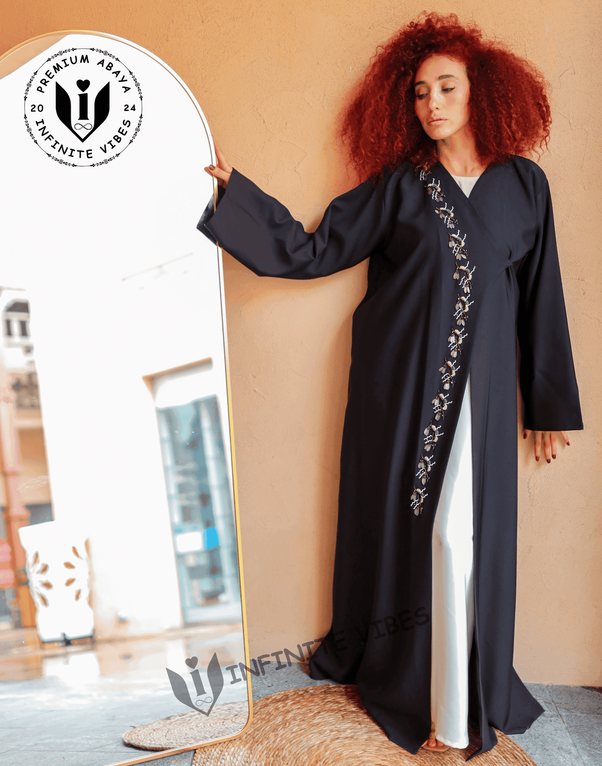 Exquisite Handcrafted Black Abaya with Detailed Handwork with Sheila - INFINITE VIBES 