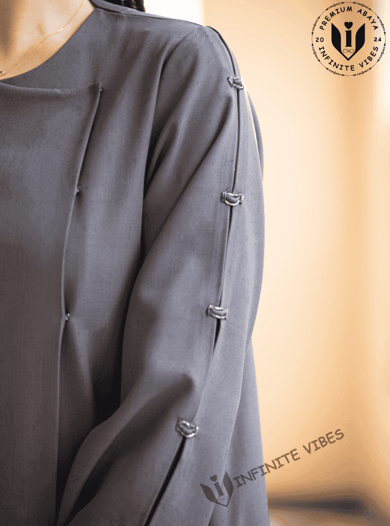 Modern Minimalism: Overlapped Grey Abaya in Japanese Cotton with Sheila - INFINITE VIBES 