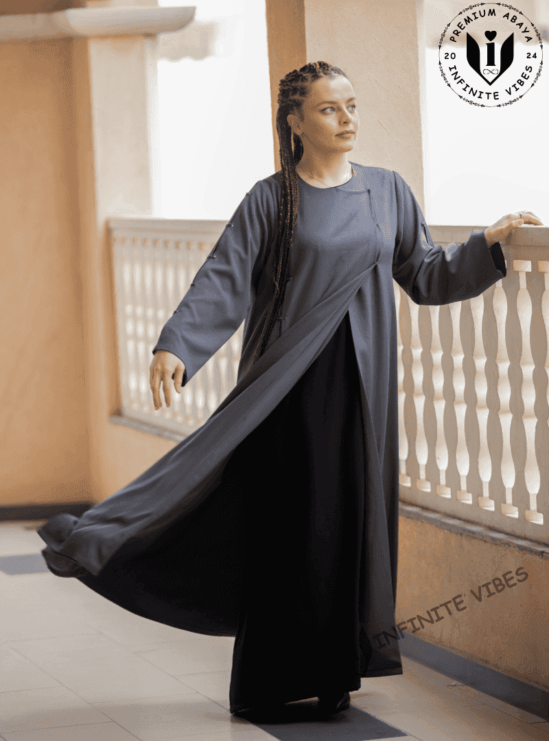 Modern Minimalism Overlapped Grey Abaya in Japanese Cotton with Sheil INFINITE VIBES