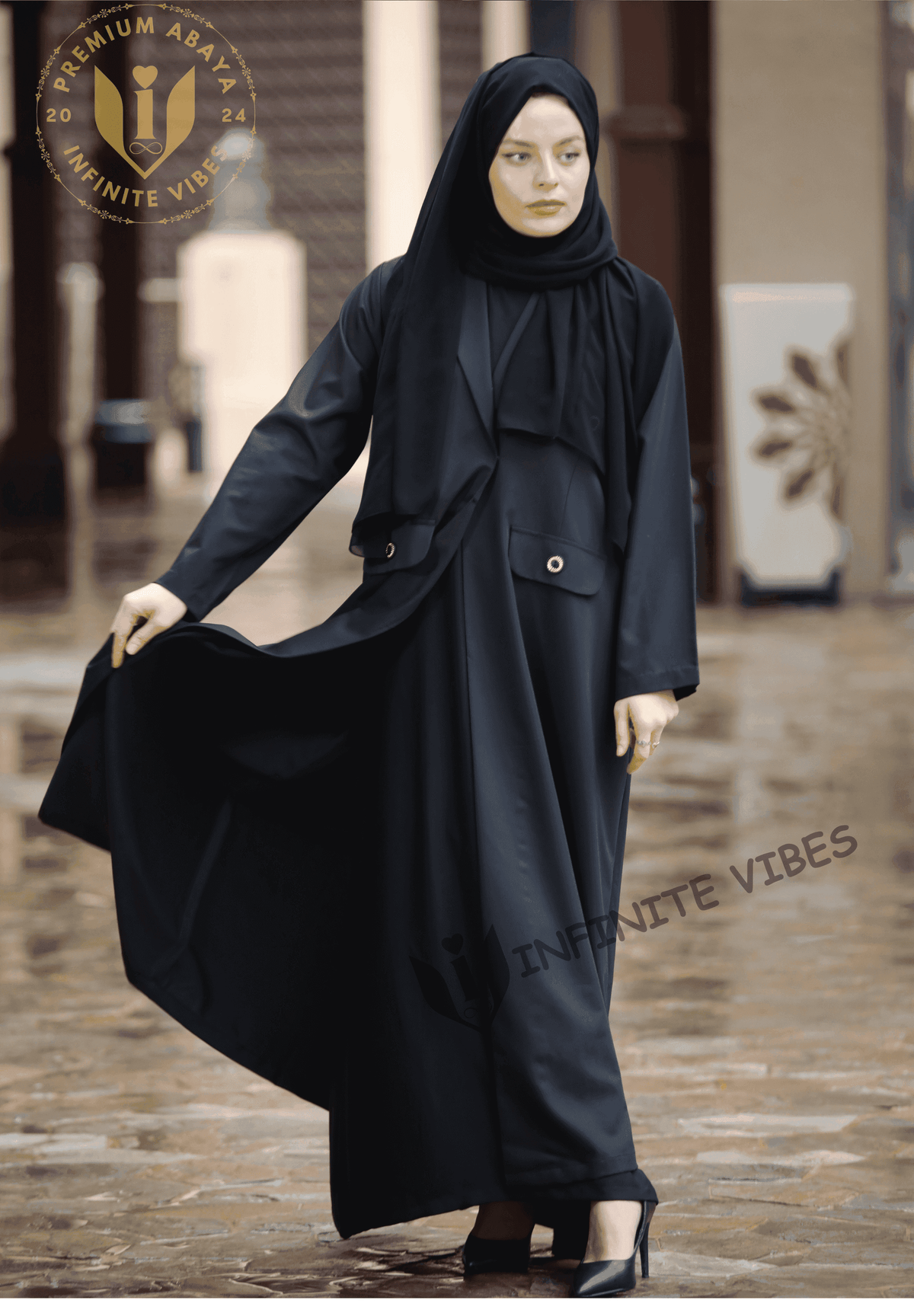 Stylish Black Abaya with Faux Pocket and Contrasting Color Detail: A Captivating Design with a sheila - INFINITE VIBES 